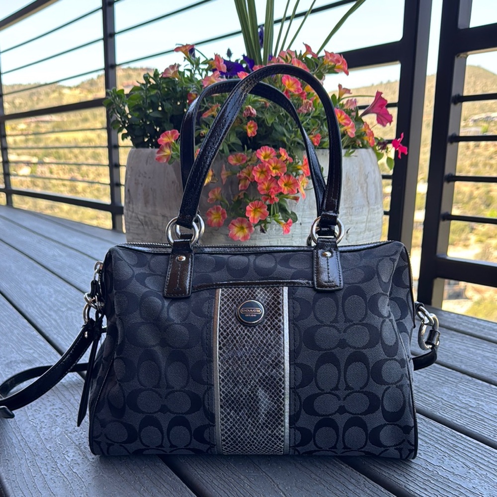 Coach EUC Black and Gray Crossbody Satchel with Monogram and Snakeskin Detail